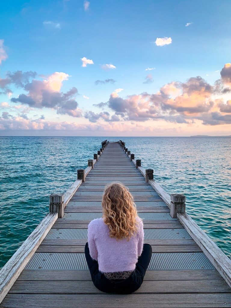 woman, sit, boardwalk, jetty, pier, sea, ocean, clouds, perspective, horizon, sky, seascape, blonde woman, sitting, wooden planks, walkway, alone, solitude, solitary, meditation, relaxation, zen, nature, calm, meditation, meditation, meditation, meditation, meditation