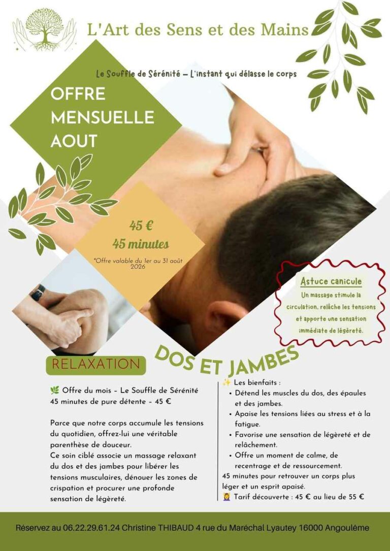 Offre aout l'art des sens et des mains massages bien-être énergétiques angoulême charente