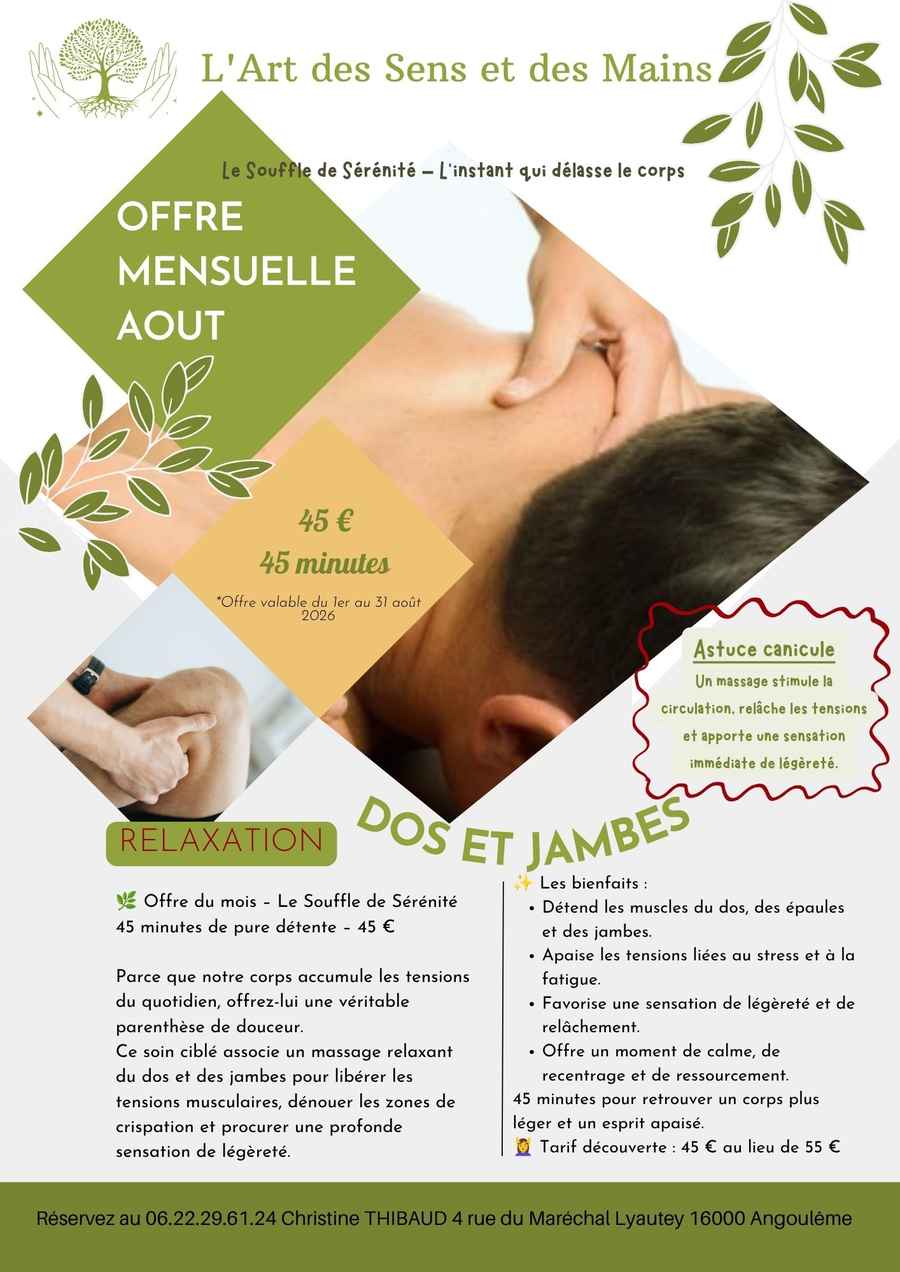 Offre aout l'art des sens et des mains massages bien-être énergétiques angoulême charente